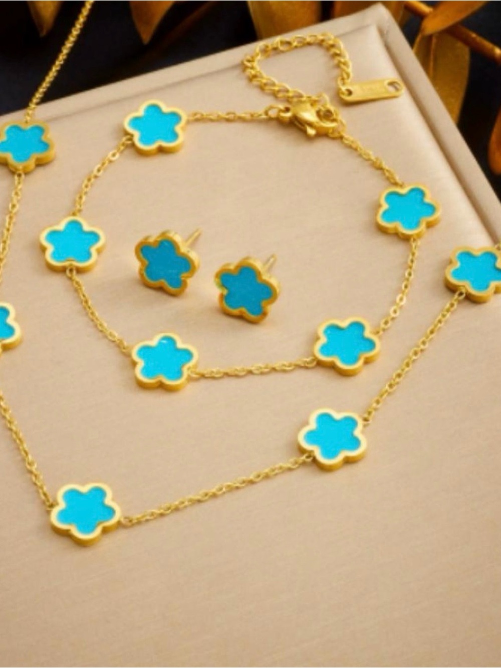 Gold-Tone Turquoise Flower Necklace and Stud Earring Set